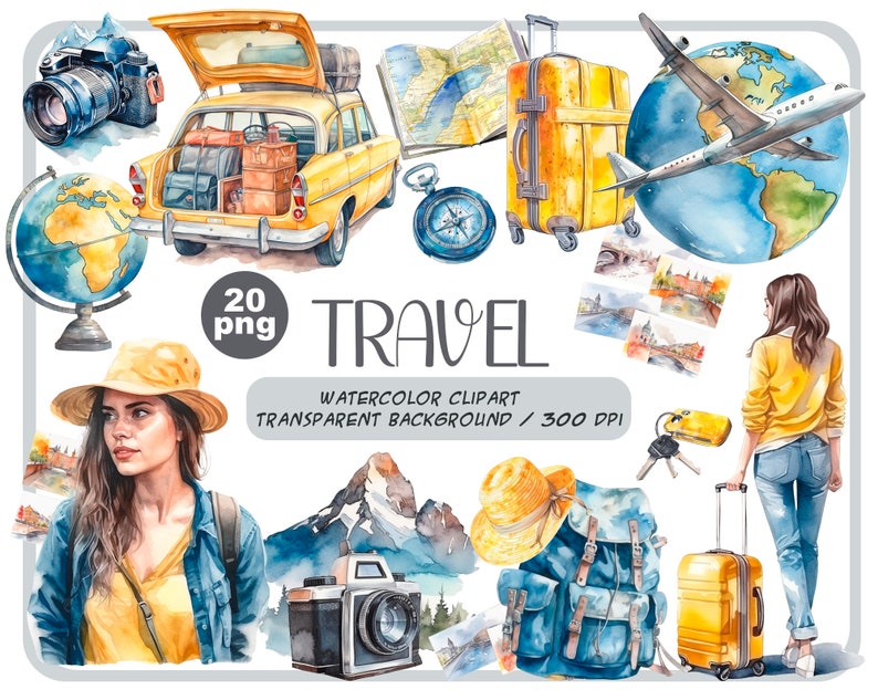 Watercolor travel lover clipart Summer Holiday Illustration-Vacation clipart-Tourism clipart-Planner clipart-Adventure clipart-cruise PNG image 1