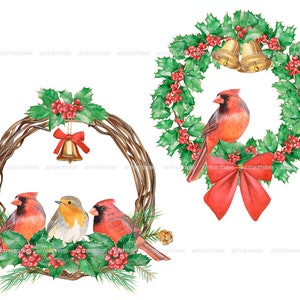 Watercolor christmas wreaths clipart-circle frame with winter birds PNG-red and green holiday-christmas composition-red cardinal, robin bird image 7