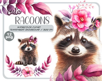 Watercolor cute baby racoons clipart-Realistic raccoon with flower-Baby Shower Graphics-Nursery Decor Wall Art-Woodland Animal-pet portrait