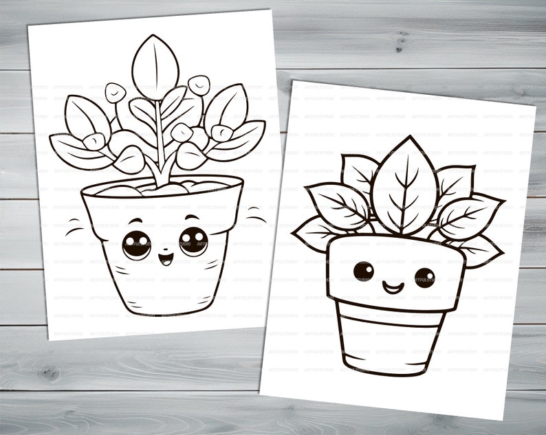 Anime kawaii plants PDF coloring book Printable colouring pages for little kids cartoon funny characters thick outlines houseplants image 4