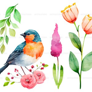 Watercolor spring clipart-Spring flowers-Botanical illustration-Easter Blossom-spring birds and lantern-Floral Decor-Instant download image 10