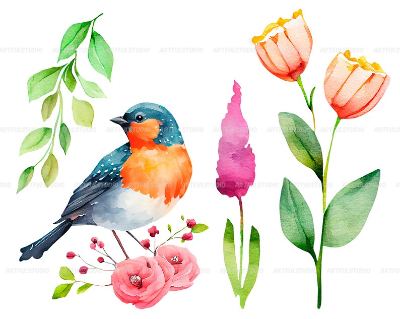 Watercolor spring clipart-Spring flowers-Botanical illustration-Easter Blossom-spring birds and lantern-Floral Decor-Instant download image 10