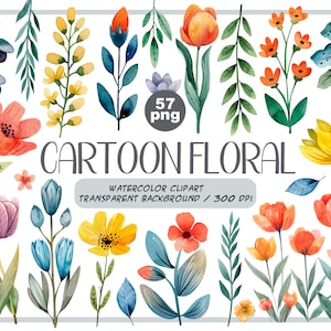 Peut inclure: Un ensemble de 57 illustrations florales de style cartoon en aquarelle avec des fonds transparents. Les illustrations présentent des fleurs de différentes couleurs, notamment rouge, jaune, bleu et rose. Les fleurs sont représentées dans un style fantaisiste et cartoon.