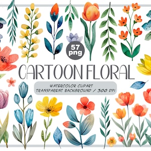 Watercolor cartoon floral clipart-flowers and greenery graphic-flower arrangements-pastel flowers-spring floral decor-Botanical illustration image 1