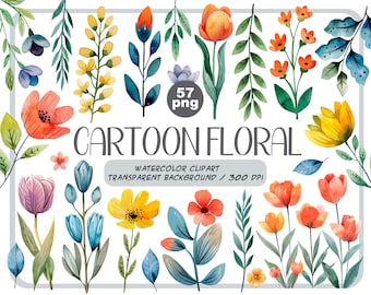 Watercolor cartoon floral clipart-flowers and greenery graphic-flower arrangements-pastel flowers-spring floral decor-Botanical illustration