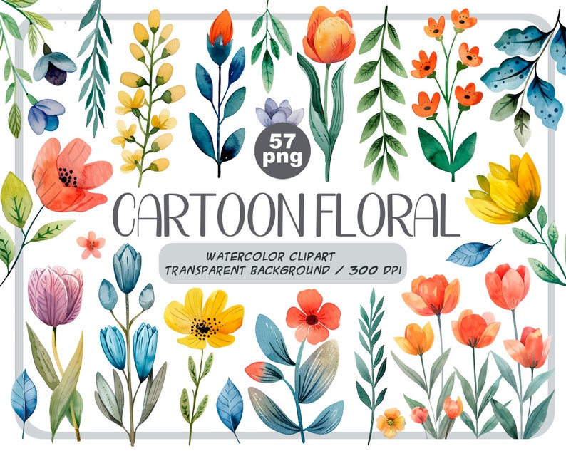 Watercolor cartoon floral clipart-flowers and greenery graphic-flower arrangements-pastel flowers-spring floral decor-Botanical illustration image 1