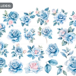 Watercolor blue delicate roses clipart flower illustration floral arrangements, dusty light blue rose pastel vintage wedding flowers image 2