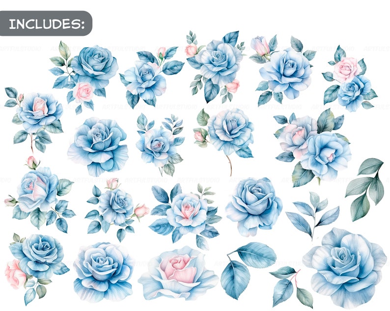 Watercolor blue delicate roses clipart flower illustration floral arrangements, dusty light blue rose pastel vintage wedding flowers image 2