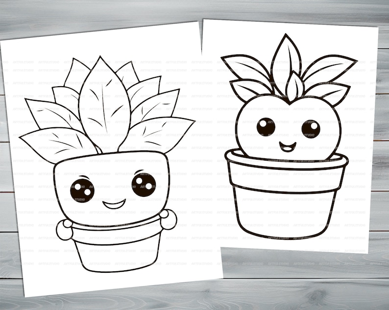 Anime kawaii plants PDF coloring book Printable colouring pages for little kids cartoon funny characters thick outlines houseplants image 9