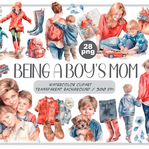 Clipart de maternidade em aquarela - ser mãe de um menino - mãe e filho - a felicidade da maternidade - cartão de felicitações - dia das mães - vermelho, marrom e azul