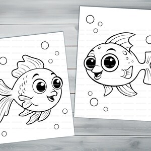 Kawaii fish PDF coloring book Printable colouring pages for kids Cartoon cute small fish, underwater scene, goldfish thick outlines image 5