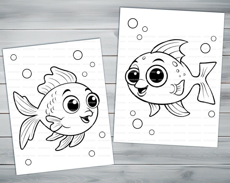 Kawaii fish PDF coloring book Printable colouring pages for kids Cartoon cute small fish, underwater scene, goldfish thick outlines image 5