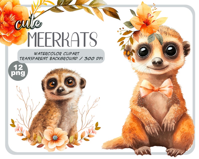 Watercolor cute baby meerkats clipart-Realistic meerkat with flower-Baby Shower Graphics-Nursery Decor Wall Art-African Animal's portrait image 1