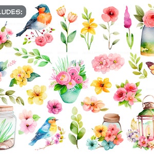 Watercolor spring clipart-Spring flowers-Botanical illustration-Easter Blossom-spring birds and lantern-Floral Decor-Instant download image 2