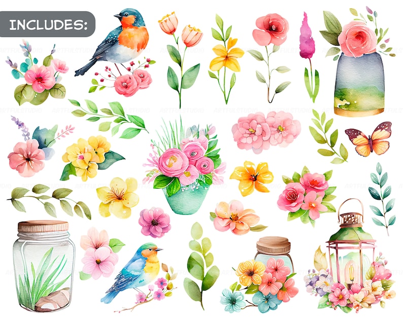 Watercolor spring clipart-Spring flowers-Botanical illustration-Easter Blossom-spring birds and lantern-Floral Decor-Instant download image 2