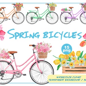 Clipart di biciclette primaverili ad acquerello - Biciclette con fiori - composizioni floreali estive - clipart di biciclette digitali, png ecocompatibili - Download immediato
