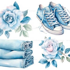 Watercolor love denim clipart denim items: clothing, jeans, shirt, bag, sneakers blue and pink denim fashion blue flowers jeans PNG image 7