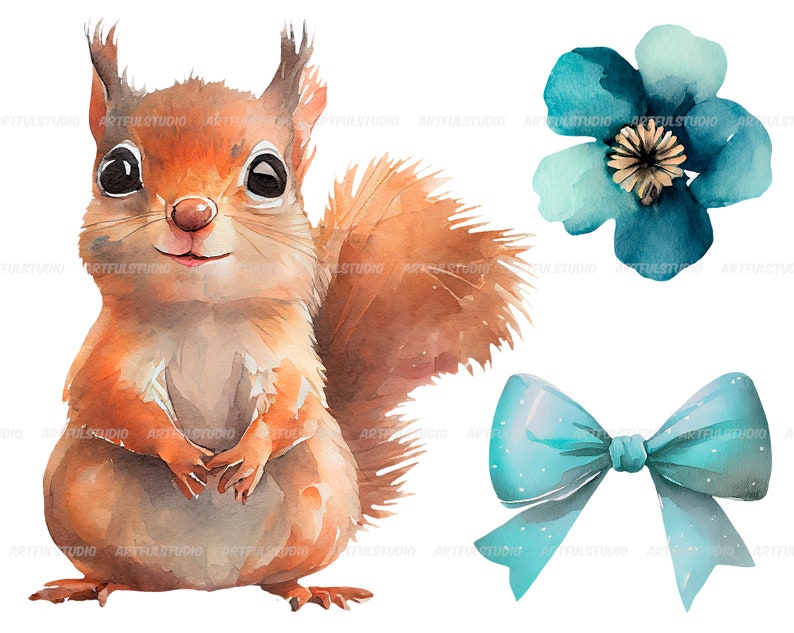 Watercolor cute baby squirrels clipart-Realistic squirrel with flower-Baby Shower Graphics-Nursery Decor Wall Art-Woodland Animal-pet png image 8