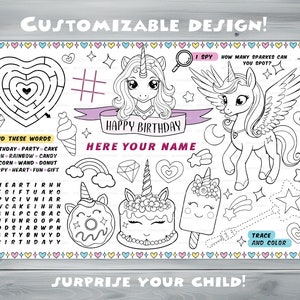 Customizable Unicorn Party Placemat Happy Birthday coloring book Personalized Printable coloring page Little pony Custom Birthday Party image 3