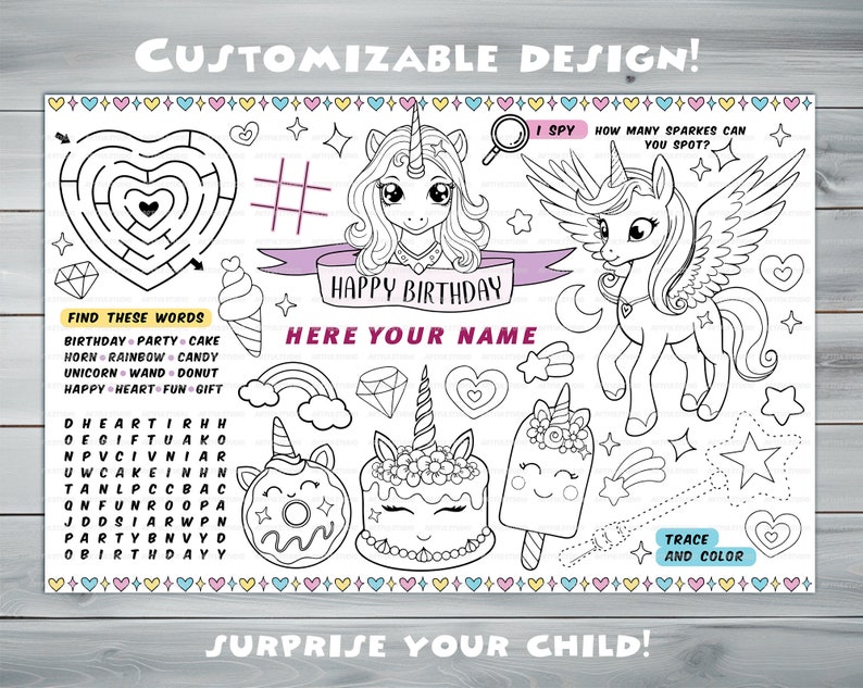 Customizable Unicorn Party Placemat Happy Birthday coloring book Personalized Printable coloring page Little pony Custom Birthday Party image 3