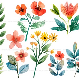Watercolor cartoon floral clipart-flowers and greenery graphic-flower arrangements-pastel flowers-spring floral decor-Botanical illustration image 5