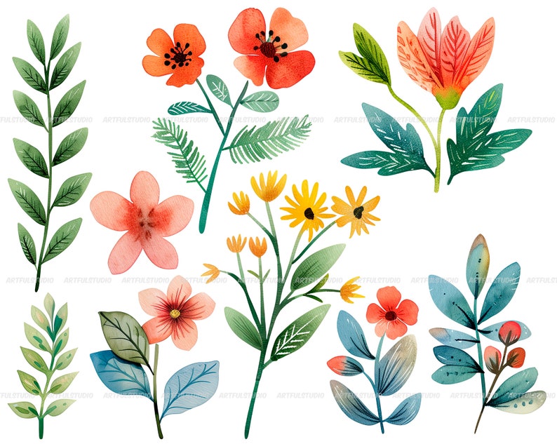 Watercolor cartoon floral clipart-flowers and greenery graphic-flower arrangements-pastel flowers-spring floral decor-Botanical illustration image 5