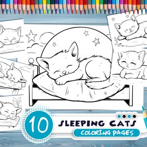 Sleeping cats PDF coloring book Printable colouring pages for kids Cute Cartoon cat coloring thick outlines for children's creativity image 1