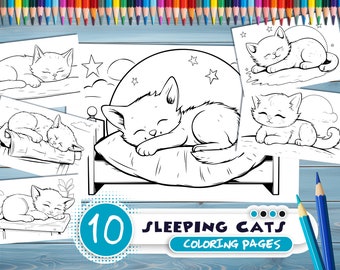 Sleeping cats PDF coloring book - Printable colouring pages for kids - Cute Cartoon cat coloring -thick outlines - for children's creativity