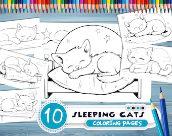 Schlafende Katzen PDF zum Ausmalen - Malseiten für Kinder - Ausmalseiten zum Ausdrucken - Niedliche Cartoon Katze zum Ausmalen - dicke Konturen - für die Kreativität von Kindern