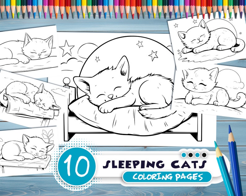 Sleeping cats PDF coloring book Printable colouring pages for kids Cute Cartoon cat coloring thick outlines for children's creativity image 1