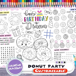 Customizable donuts Party Placemat Happy Birthday coloring book Personalized Printable coloring page Sweets Custom Birthday Party image 1