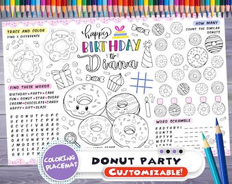 Customizable donuts Party Placemat - Happy Birthday coloring book - Personalized Printable coloring page - Sweets Custom Birthday Party