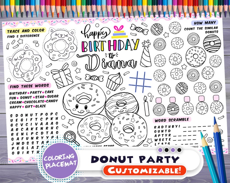 Customizable donuts Party Placemat Happy Birthday coloring book Personalized Printable coloring page Sweets Custom Birthday Party image 1