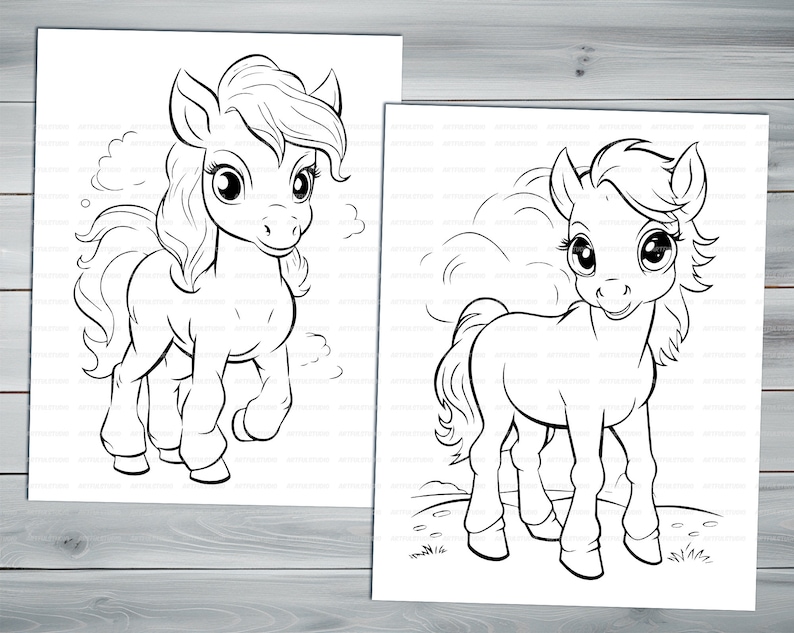 Cute little pony PDF coloring book Printable colouring pages for kids Cartoon cute funny horses coloring thick outlines farm animals image 5