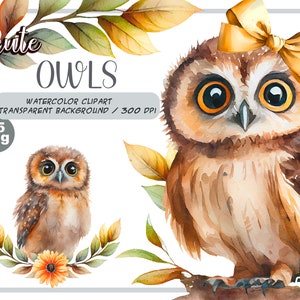 Aquarel schattige baby uilen clipart-realistische uil met bloem-baby shower graphics-kwekerij decor-bos dier-lente bos illustratie
