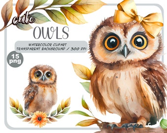 Watercolor Baby Owl Clipart: Woodland Nursery Art (PNG Digital Download)