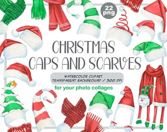 Watercolor Christmas scarves and hats clipart -santa claus red hat-red and green holiday wear-winter clothes for creating collages and cards