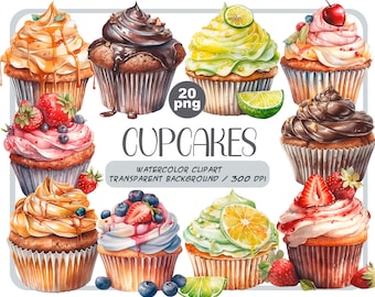 Watercolor cupcakes clipart-colourful sweets PNG-food illustration-chocolate, caramel, strawberry, limon cupcakes - party food sublimation