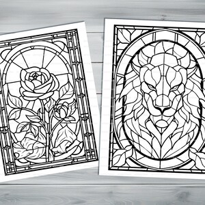 Stained glass PDF coloring book Printable colouring pages for adults colorful glass, mosaic pattern stained-glass window for coloring image 3