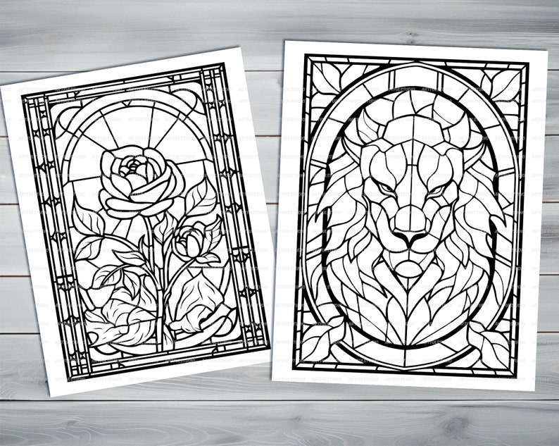 Stained glass PDF coloring book Printable colouring pages for adults colorful glass, mosaic pattern stained-glass window for coloring image 3