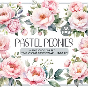 Watercolor pastel peonies clipart Dusty Pink Blush Light Floral Clip Art pink floral graphic pastel vintage peonies-wedding flowers PNG image 1