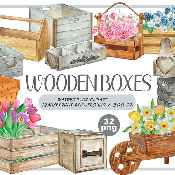 Aquarell Holzkisten Clipart - Garten Blumenkisten PNG-Gartengeräte - Blumenvasen PNG - zum Erstellen von Kompositionen - Schubkarre aus Holz