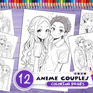 Anime couples PDF coloring book - Printable colouring pages for adults - Manga, cartoon characters -thick outlines - anime lovers jpg