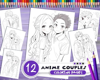 Könnte beinhalten: Zwölf Schwarzweiß-Malvorlagen mit Anime-Paaren. Die Seiten sind in einer Collage-Anordnung mit einem violetten Hintergrund angeordnet. Der Text "12 Anime Couples Coloring Pages" befindet sich am unteren Rand des Bildes.