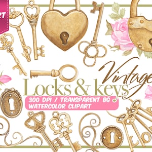 Aquarel vintage sleutels en sloten clip art-bronzen antieke sleutels, sleutelgaten en sloten met bloemen en harten-bruiloft-oude romantische sleutels-instant