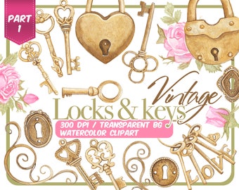 Watercolor vintage Keys and locks clip art-Bronze Antique Keys, keyholes and locks with flowers and hearts-wedding-old romantic keys-Instant