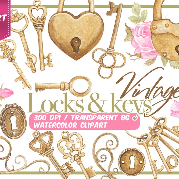 Watercolor vintage Keys and locks clip art-Bronze Antique Keys, keyholes and locks with flowers and hearts-wedding-old romantic keys-Instant