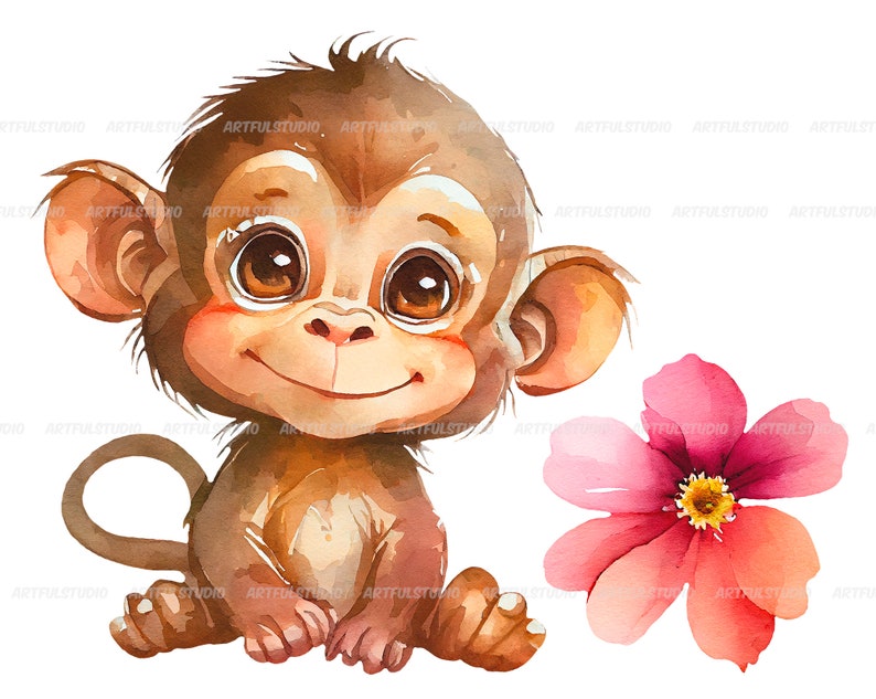 Watercolor Cute Baby Monkeys Clipartrealistic Monkey With Flowerbaby