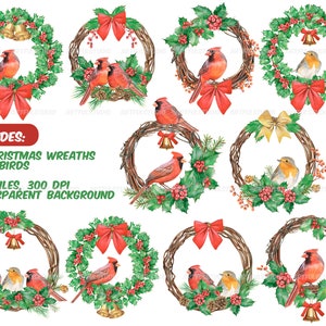 Watercolor christmas wreaths clipart-circle frame with winter birds PNG-red and green holiday-christmas composition-red cardinal, robin bird image 2