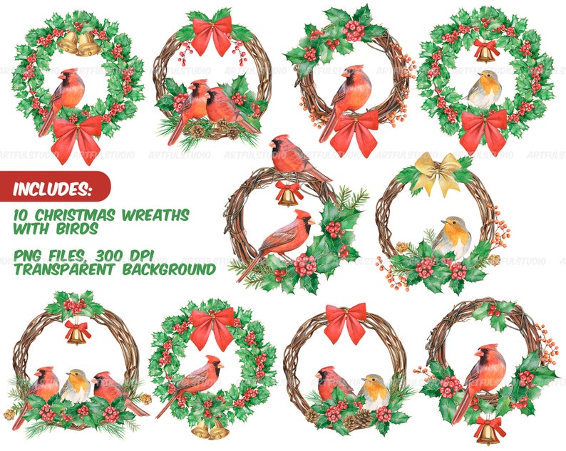 Watercolor christmas wreaths clipart-circle frame with winter birds PNG-red and green holiday-christmas composition-red cardinal, robin bird image 2